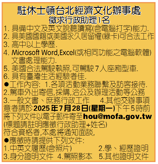 徵求行政助理1名